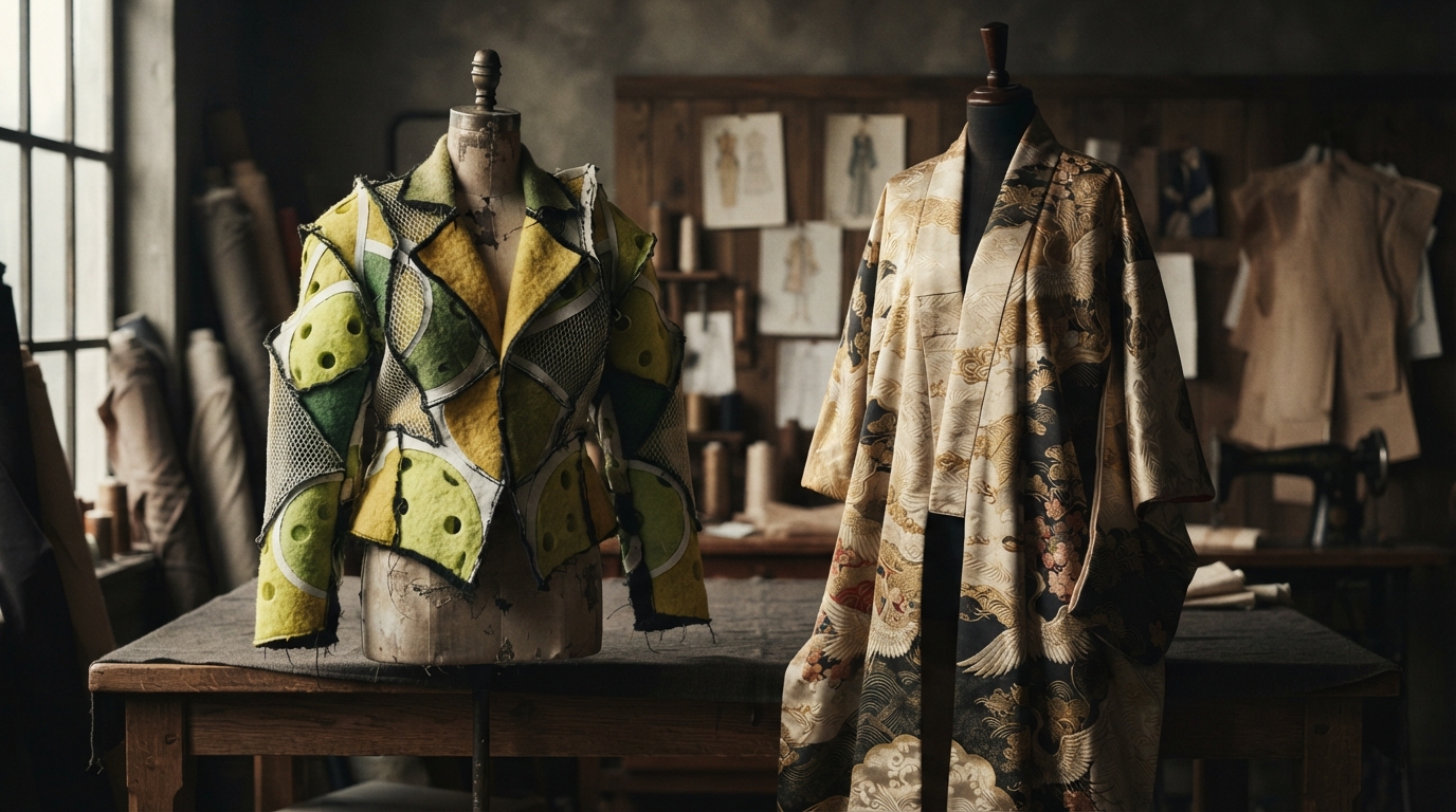 Editorial illustration for From Pickleballs to Kimono Silk: Two Paths to Upcycled Runway Art